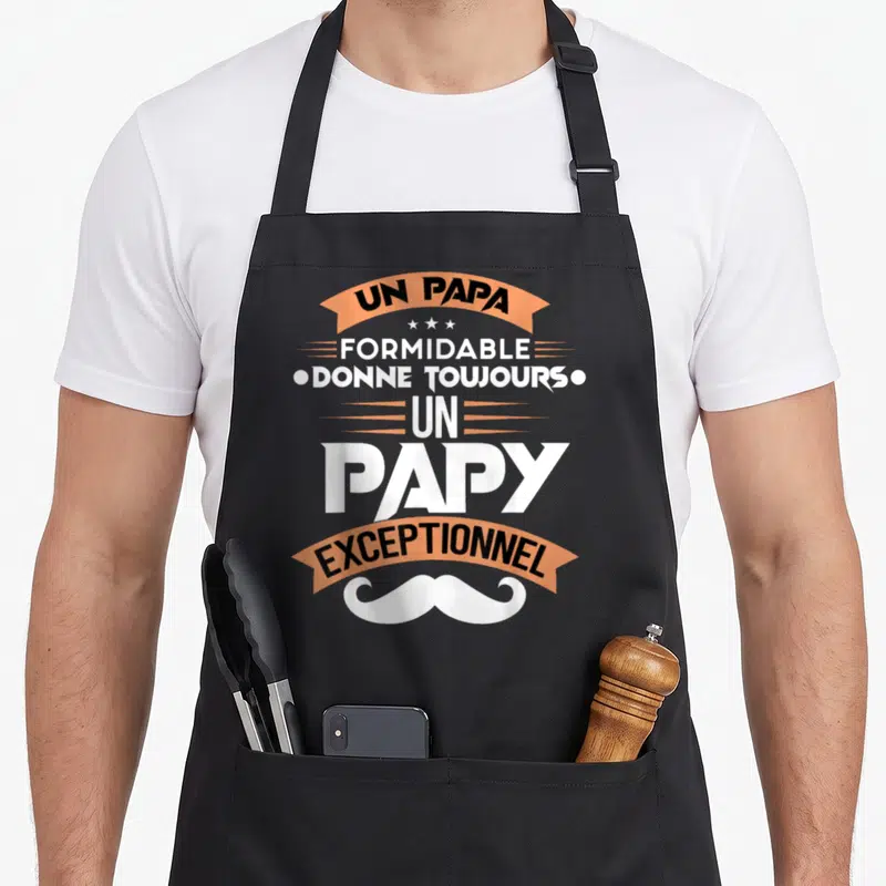 Tablier de cuisine noir avec inscription Un papa formidable donne toujours un papy exceptionnel et une moustache blanche.