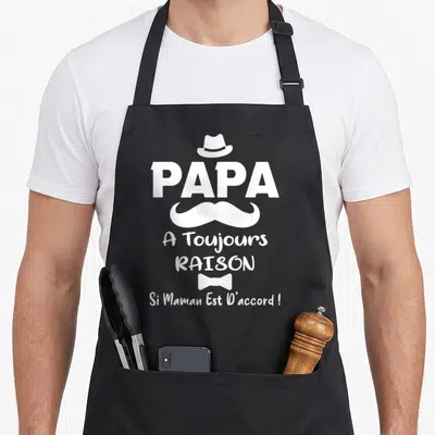 Tablier de cuisine noir avec inscription blanche Papa A Toujours Raison Si Maman Est Daccord et icônes chapeau moustache nœud papillon