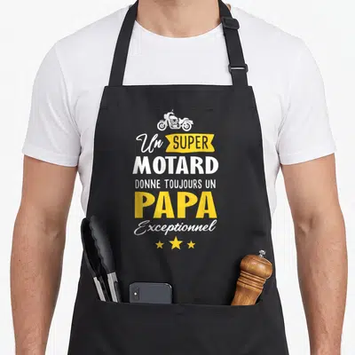 Tablier de cuisine noir avec illustration moto blanche et texte blanc et jaune Un super motard donne toujours un papa exceptionnel.