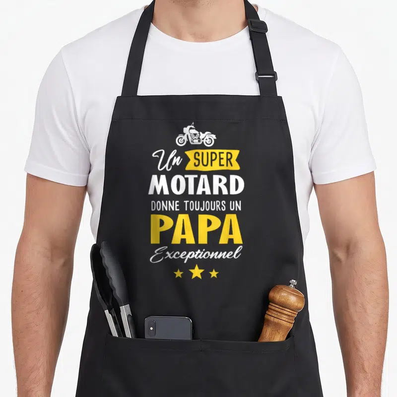 Tablier de cuisine noir avec illustration moto blanche et texte blanc et jaune Un super motard donne toujours un papa exceptionnel.