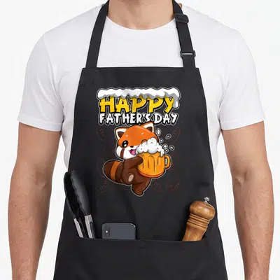 Tablier de cuisine noir avec un panda rouge tenant une bière et le texte Happy Father's Day.