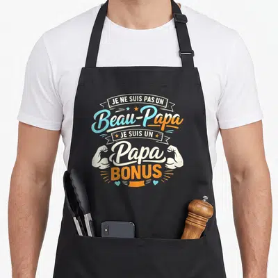 Tablier de cuisine noir avec l'inscription Papa Bonus et des bras musclés stylisés en bleu et orange.