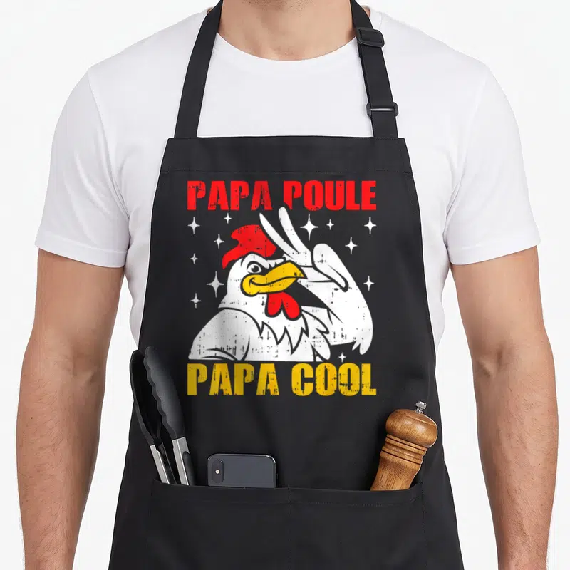 Tablier de cuisine noir avec illustration d'un coq blanc faisant un signe de paix et texte rouge jaune