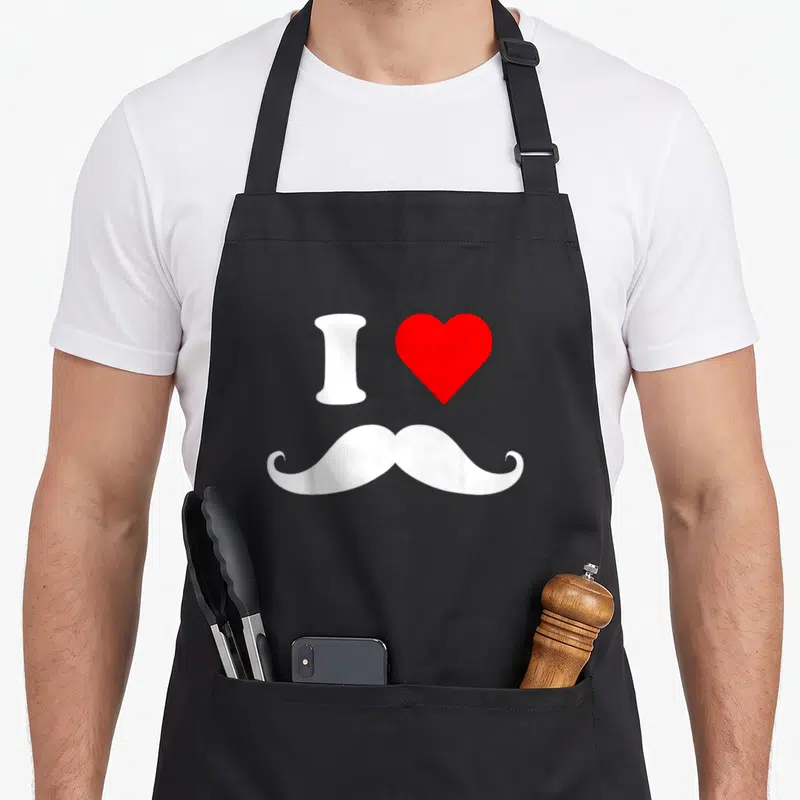 Tablier de cuisine noir avec inscription I Love Moustache et un grand cœur rouge stylisé au centre.