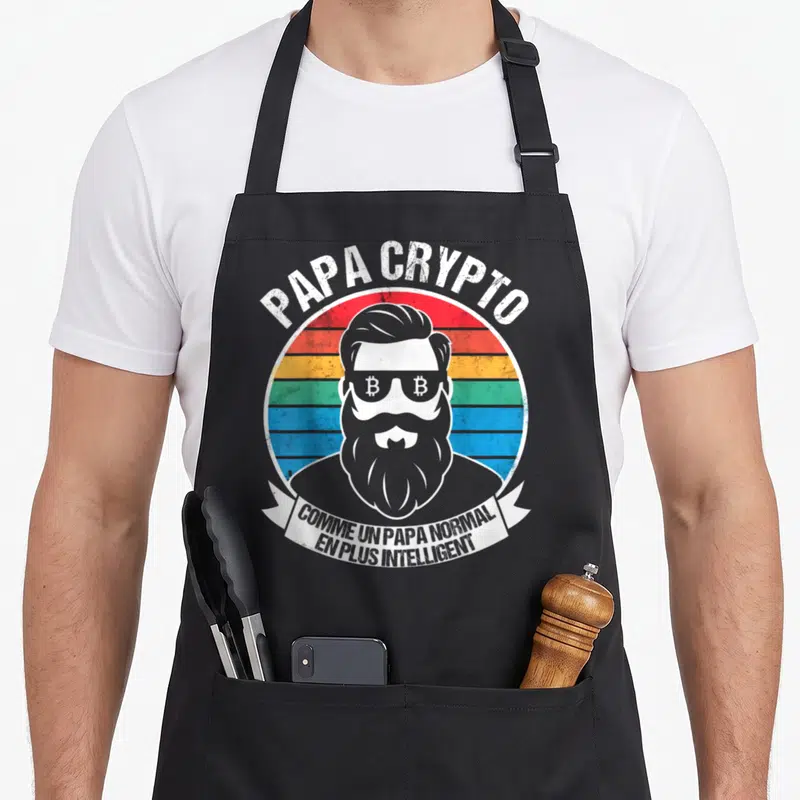 Tablier de cuisine noir avec illustration rétro d'un homme barbu aux verres Bitcoin et texte Papa Crypto.