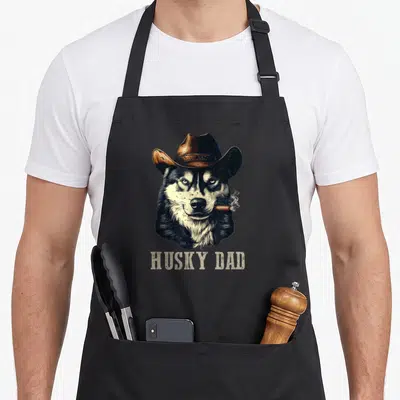 Tablier de cuisine noir avec illustration d'un husky portant un chapeau de cow-boy et fumant un cigarre, sous le texte Husky Dad.