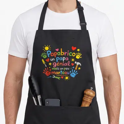 Tablier de cuisine noir avec inscription Papabrico un papa génial mais un peu marteau entouré de mains et d'outils colorés.