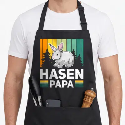 Tablier de cuisine noir avec un lapin blanc et le texte Hasen Papa sur fond de bandes colorées et d'arbres gris.
