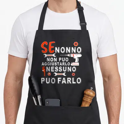 Tablier de cuisine noir avec texte blanc et rouge Se nonno non può aggiustarlo nessuno può farlo entouré d'outils.