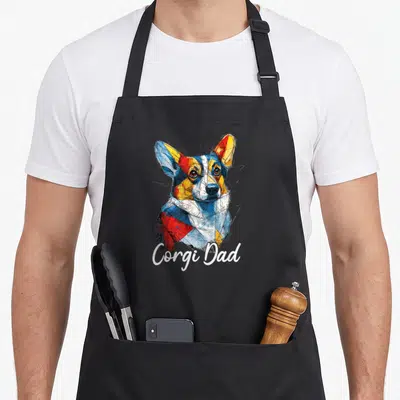 Tablier de cuisine noir avec portrait de corgi aux couleurs vives et texte Corgi Dad en blanc.