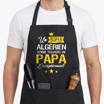 Tablier de cuisine noir avec texte Un super Algérien donne toujours un Papa exceptionnel en jaune et blanc sur fond uni.