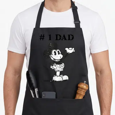 Tablier de cuisine noir avec illustration #1 DAD et Mickey Mouse en noir et blanc style vintage.
