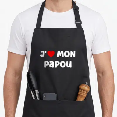 Tablier de cuisine noir avec l'inscription J'aime mon papou et un cœur rouge au centre