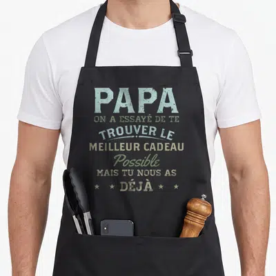 Tablier de cuisine noir avec texte typographique Papa on a essayé de te trouver le meilleur cadeau possible mais tu nous as déjà en pastel