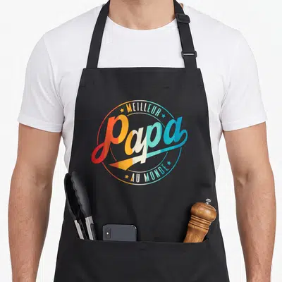 Tablier de cuisine noir avec logo circulaire multicolore Meilleur Papa au Monde