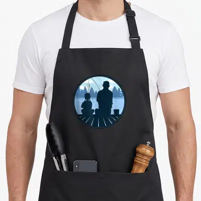Tablier de cuisine noir avec une illustration circulaire représentant un père et une fille pêchant ensemble au bord d'un lac.