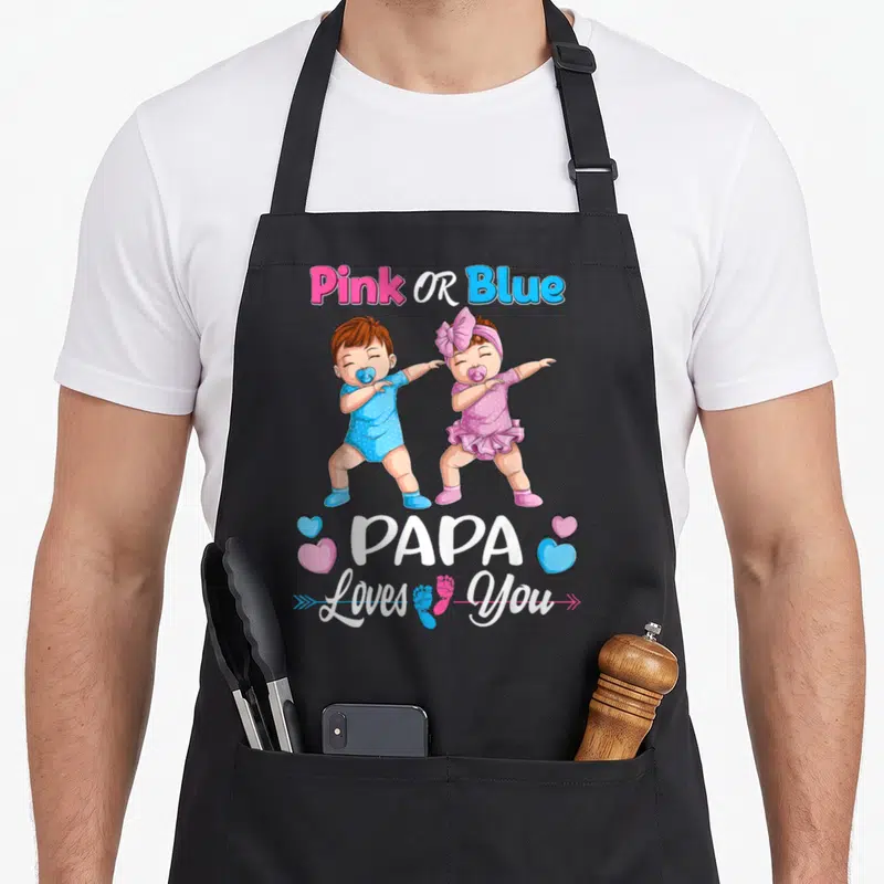 Tablier de cuisine noir avec deux bébés dancant et texte Pink Or Blue PAPA Loves You