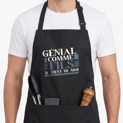 Tablier de cuisine noir avec inscription blanche et bleue Génial comme fils il tient de moi.