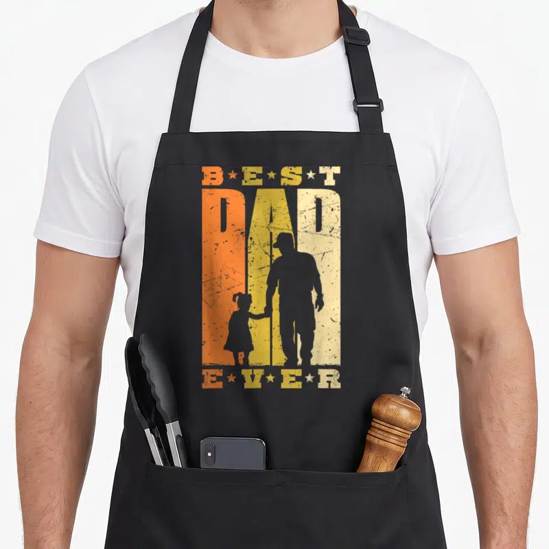 Tablier de cuisine noir avec silhouette père et fille et texte Best Dad Ever rétro orange jaune beige