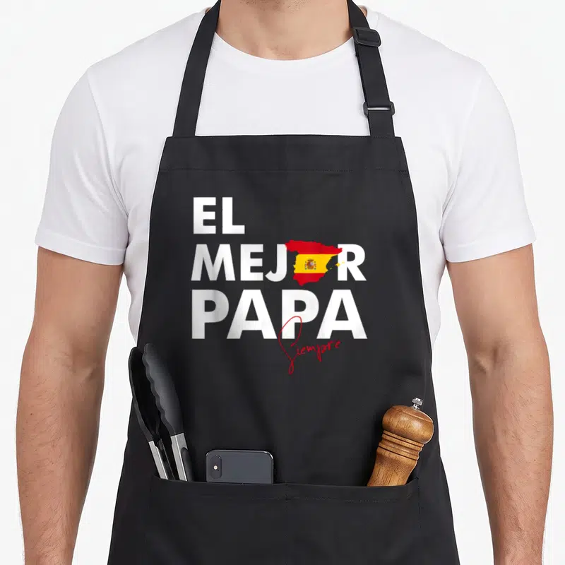 Tablier de cuisine noir avec le texte El Mejor Papa Sempre et une carte d'Espagne colorée au centre du design.