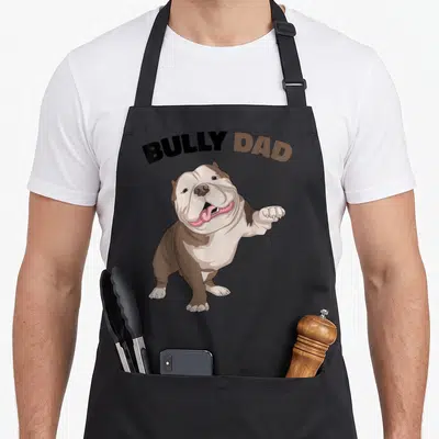 Tablier de cuisine noir avec illustration d'un American Bully marron et blanc et le texte Bully Dad en haut.