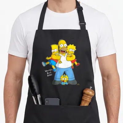 Tablier de cuisine noir avec Homer Simpson portant ses enfants et l'inscription World's Best Dad en blanc.