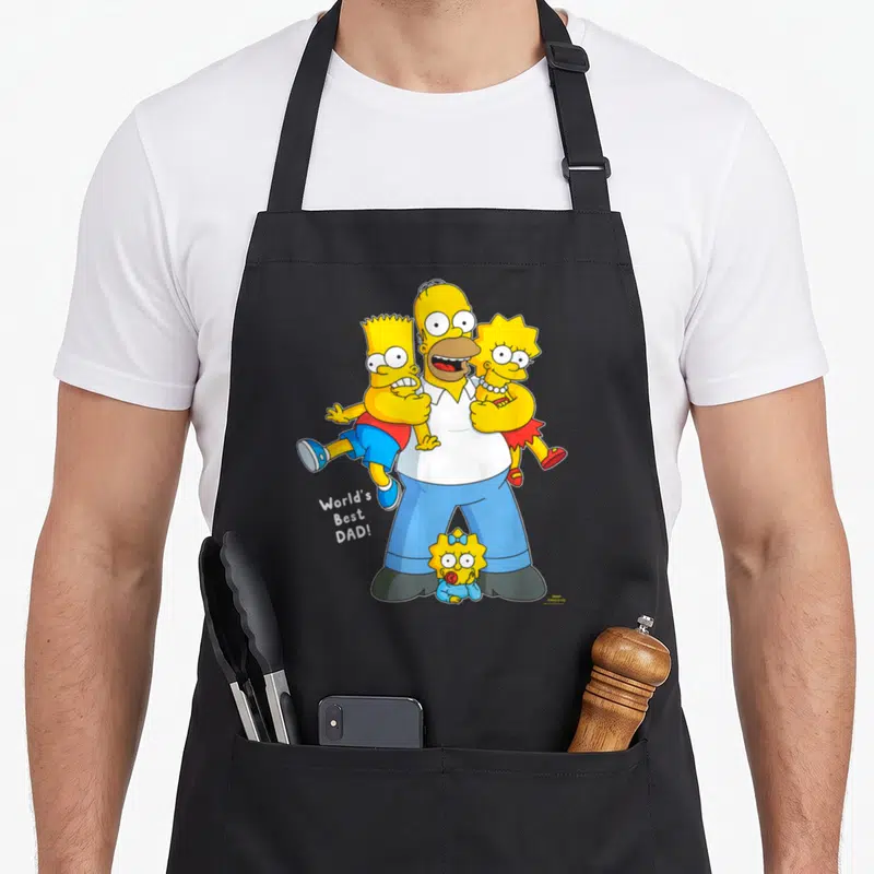 Tablier de cuisine noir avec Homer Simpson portant ses enfants et l'inscription World's Best Dad en blanc.