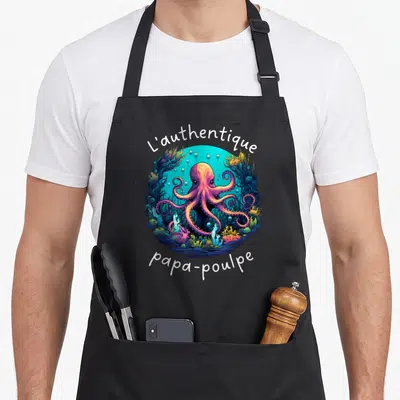 Tablier de cuisine noir avec illustration d'un poulbe rose dans un décor sous-marin circulaire aux teintes turquoise et corail.