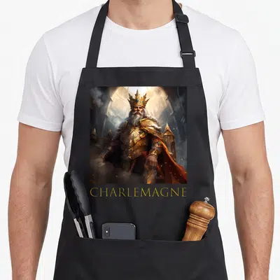 Tablier de cuisine noir avec une illustration de Charlemagne assis sur un trône doré et une crown richement décorée.