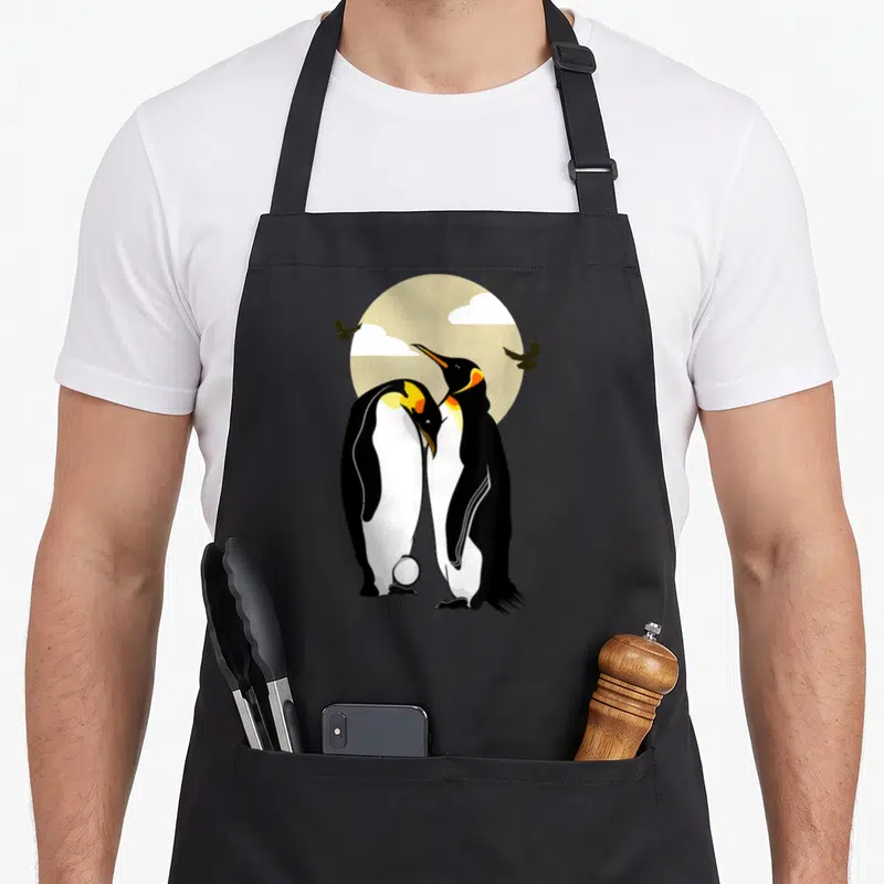 Tablier de cuisine noir avec illustration de manchots empereurs et un œuf blanc au centre.