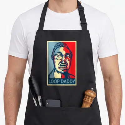 Tablier de cuisine noir avec illustration portrait Loop Daddy style affiche rouge et bleue