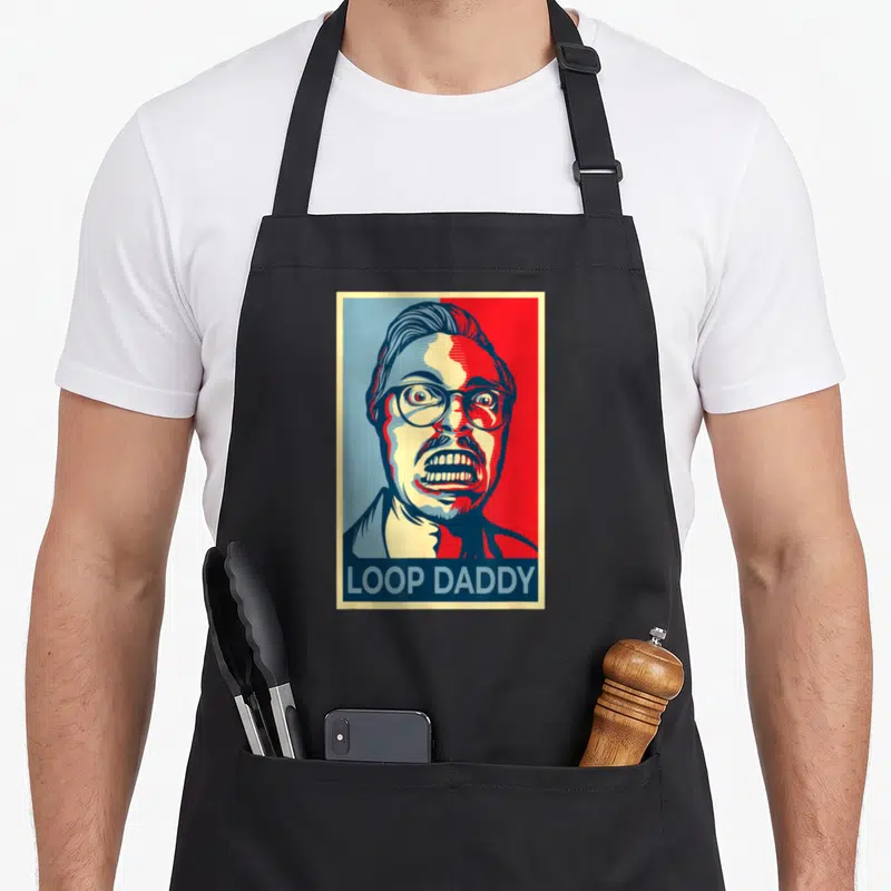 Tablier de cuisine noir avec illustration portrait Loop Daddy style affiche rouge et bleue