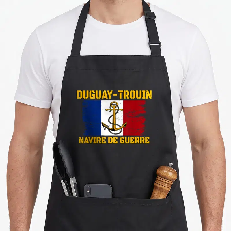 Tablier de cuisine noir avec inscription Duguay-Trouin Navire de Guerre et ancre sur drapeau français.
