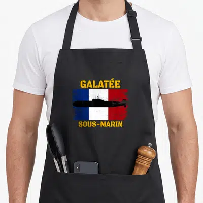 Tablier de cuisine noir avec illustration Galatée Sous-Marin sur fond tricolore français.