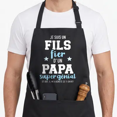 Tablier de cuisine noir avec inscription blanche et bleue Je suis un fils fier d'un papa super génial et deux étoiles.