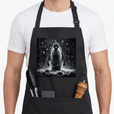 Tablier de cuisine noir avec illustration réaliste d'un pingouin empereur debout dans la neige en noir et blanc.