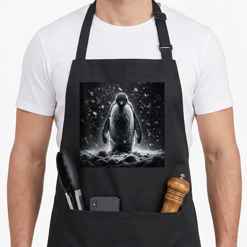 Tablier de cuisine noir avec illustration réaliste d'un pingouin empereur debout dans la neige en noir et blanc.