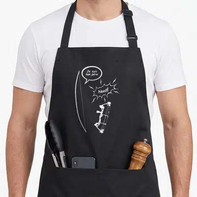 Tablier de cuisine noir avec illustration d'un arc tendu et une bulle disant Je suis ton père Non.