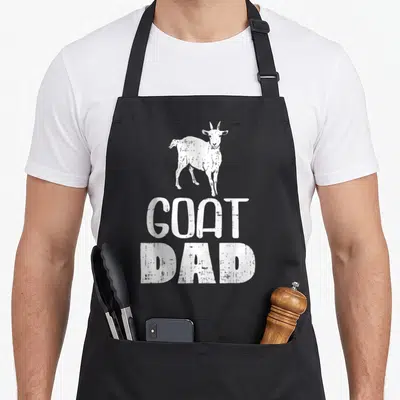 Tablier de cuisine noir avec une chèvre blanche et le texte Goat Dad en lettres capitales blanches texturées.