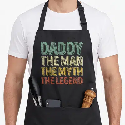 Tablier de cuisine noir avec inscription Daddy The Man The Myth The Legend multicolore style rétro.