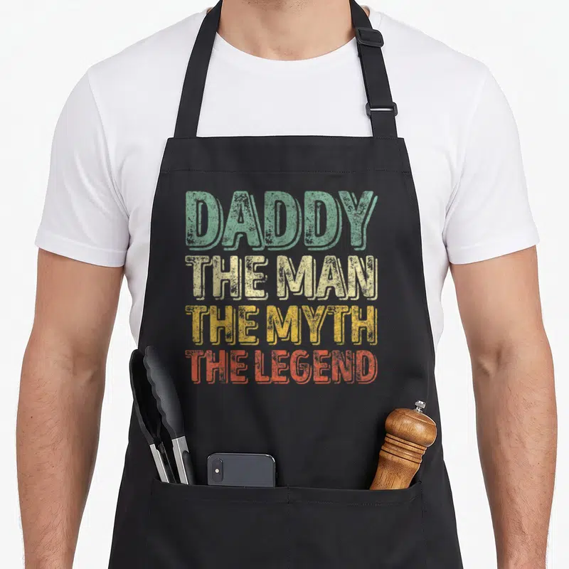 Tablier de cuisine noir avec inscription Daddy The Man The Myth The Legend multicolore style rétro.