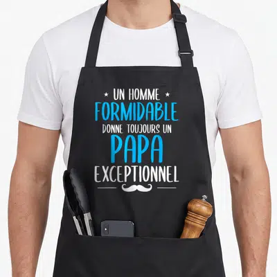 Tablier de cuisine noir avec texte Un homme formidable donne toujours un papa exceptionnel et une moustache blanche en bas.