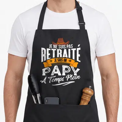 Tablier de cuisine noir avec inscription Je ne suis pas retraité je suis un papy à temps plein et chapeau cowboy.