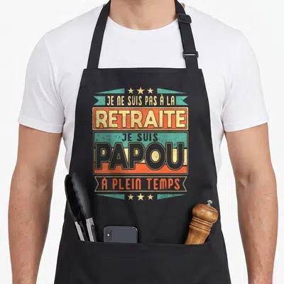 Tablier de cuisine noir avec inscription vintage Je ne suis pas à la retraite je suis papou à plein temps en orange et turquoise.