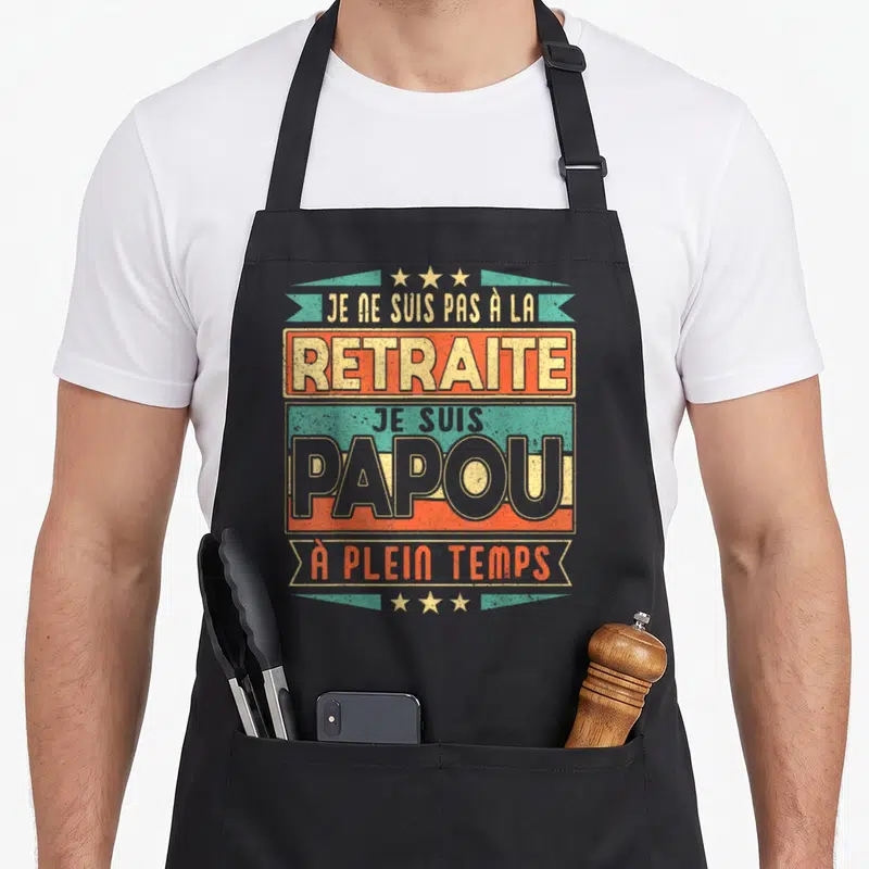 Tablier de cuisine noir avec inscription vintage Je ne suis pas à la retraite je suis papou à plein temps en orange et turquoise.