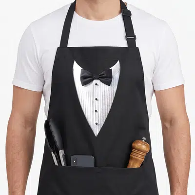 Tablier de cuisine noir avec motif de chemise de faux smoking blanche et nœud papillon noir