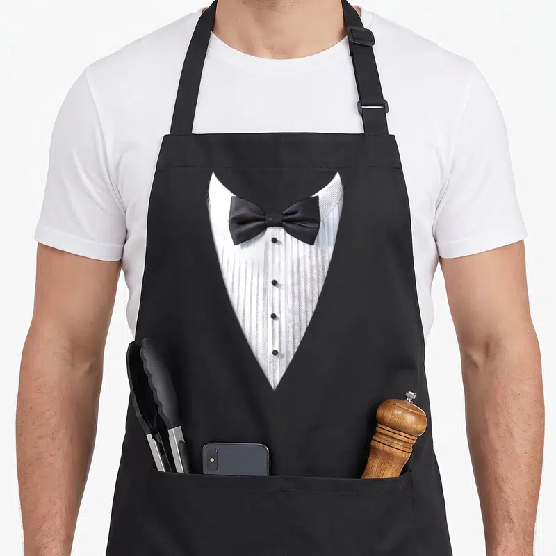 Tablier de cuisine noir avec motif de chemise de faux smoking blanche et nœud papillon noir