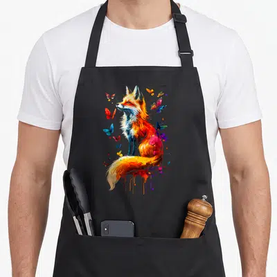 Tablier de cuisine noir avec un renard coloré et des papillons en style art abstrait.