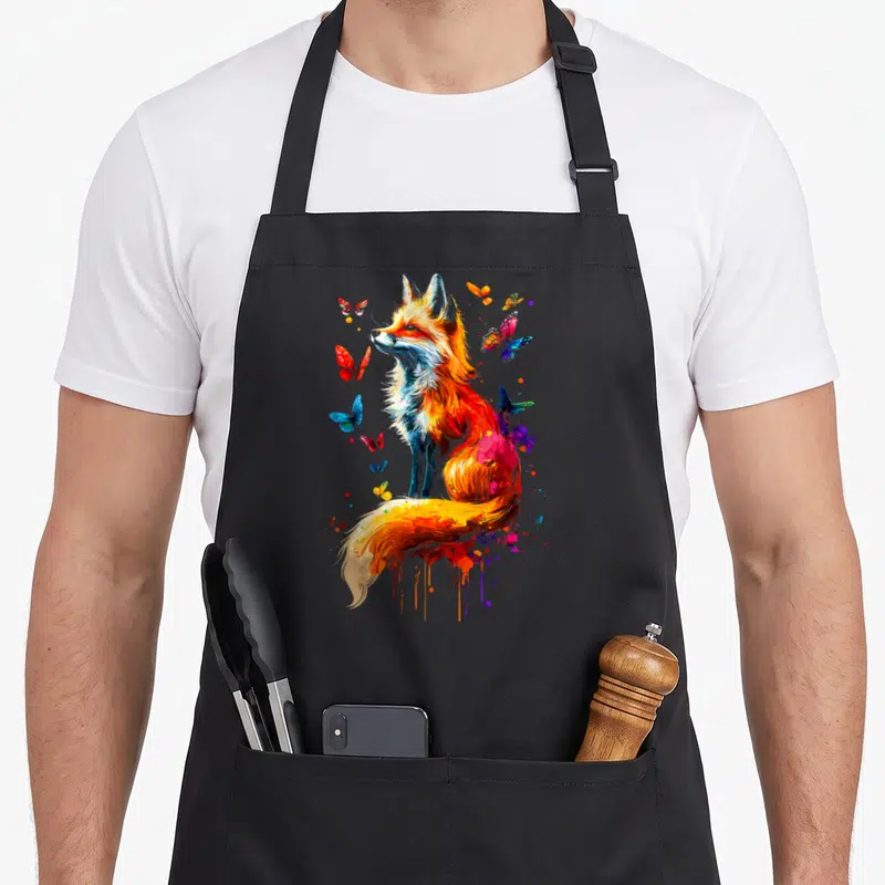Tablier de cuisine noir avec un renard coloré et des papillons en style art abstrait.