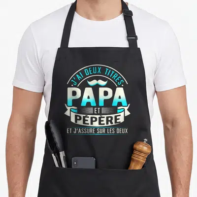 Tablier de cuisine noir avec linscription Papa et Pépère et moustache stylisée turquoise